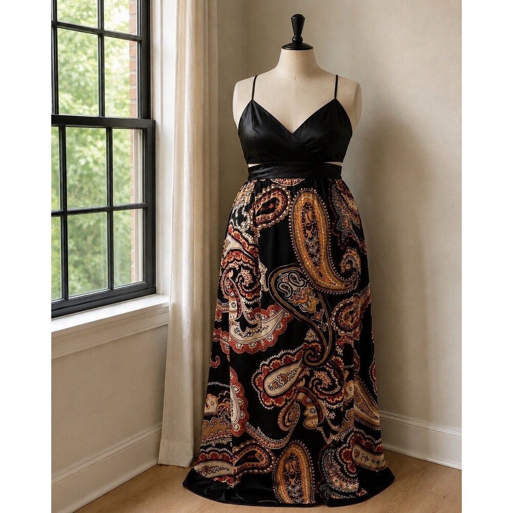 Baby Phat Y2K Halter Maxi Dress Black Gold Paisley Cut Out Open Back Plus Sz XXL - Picture 2 of 6
